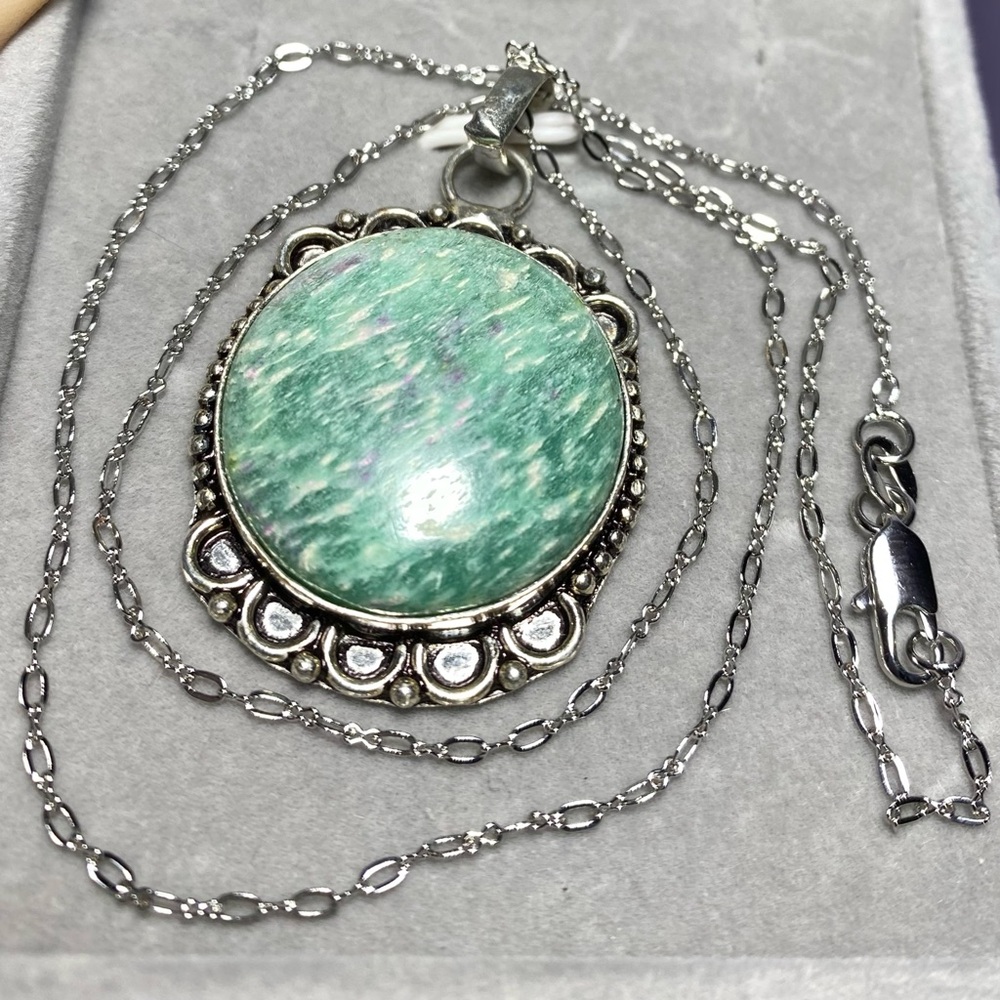 AMAZONITE PENDANT IN 925 STERLING SILVER W/ 14K WG PLATED CHAIN